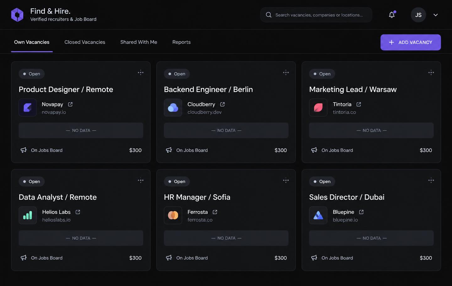 Find & Hire CRM — vacancy cards with pipeline status